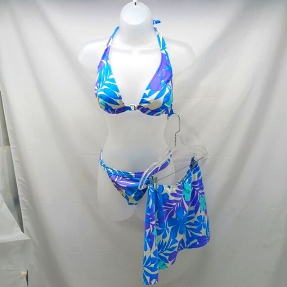 Venus Trio Vibrant Blue Purple Bikini Set with Halter Top, Bottom & Skirt Large. - Picture 3 of 11